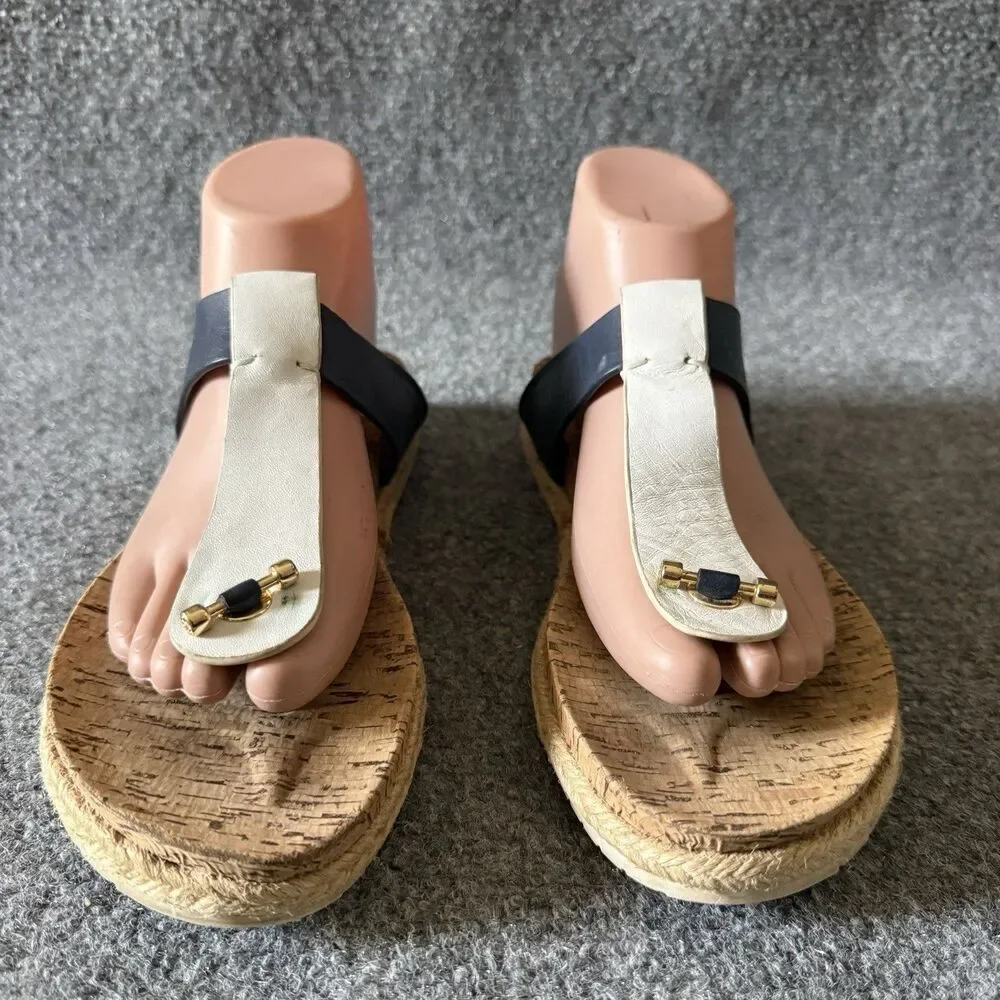 Tory Burch Logo Medallion Thong Sandals White Navy Gold Leather Women’s 8